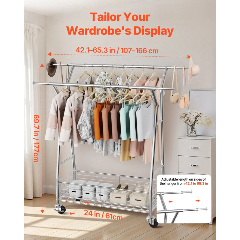 Portant à vêtements roulant avec 2 tiges de suspension et panier de rangement - capacité de 330 lb, support à vêtements extensible en acier au carbone, roues verrouillables pour la chambre à coucher, la buanderie et le salon
