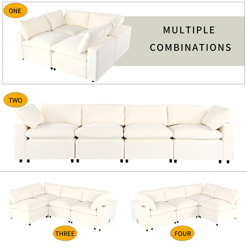 Upholstered Modular Sofa With Storage Space, USB/Wireless Charging & Bluetooth Speaker In Arm, Beige Polyester