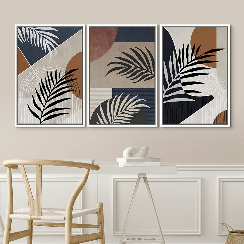 «Mid Century Modern Boho Geometric Tropical Palm Leaf Landscape Abstract Nature Illustration», ensemble de 3 impressions sur toile