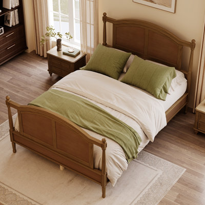 Farmhouse Style Wood Bed with Arched Headboard and Footboard with Spindle Posts  Slat Support, No Box Spring Needed