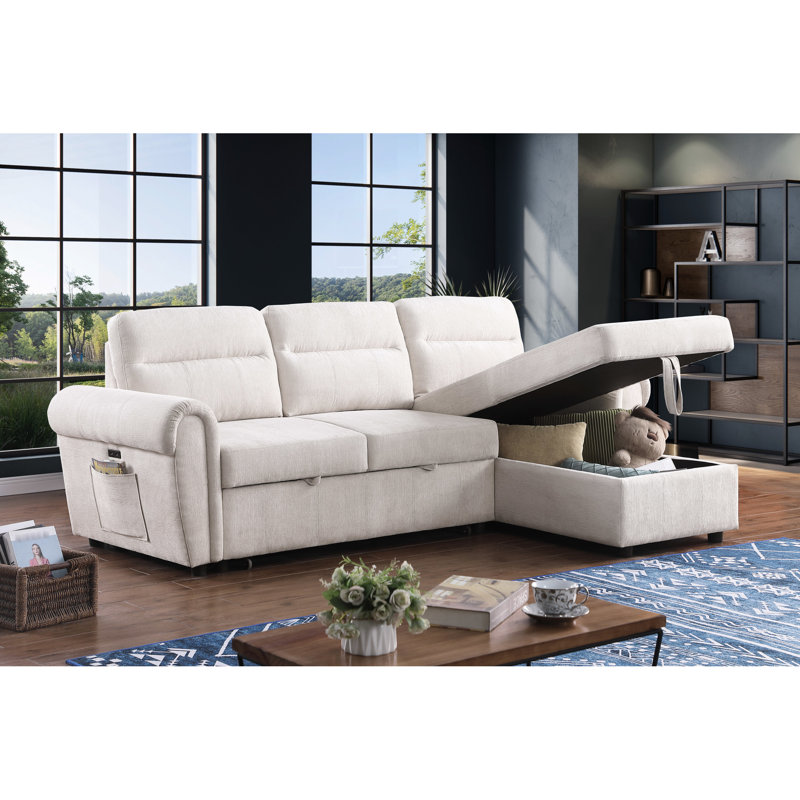 3 Beige Chenille Sectional With Reversible Sleeper And Socket Storage,