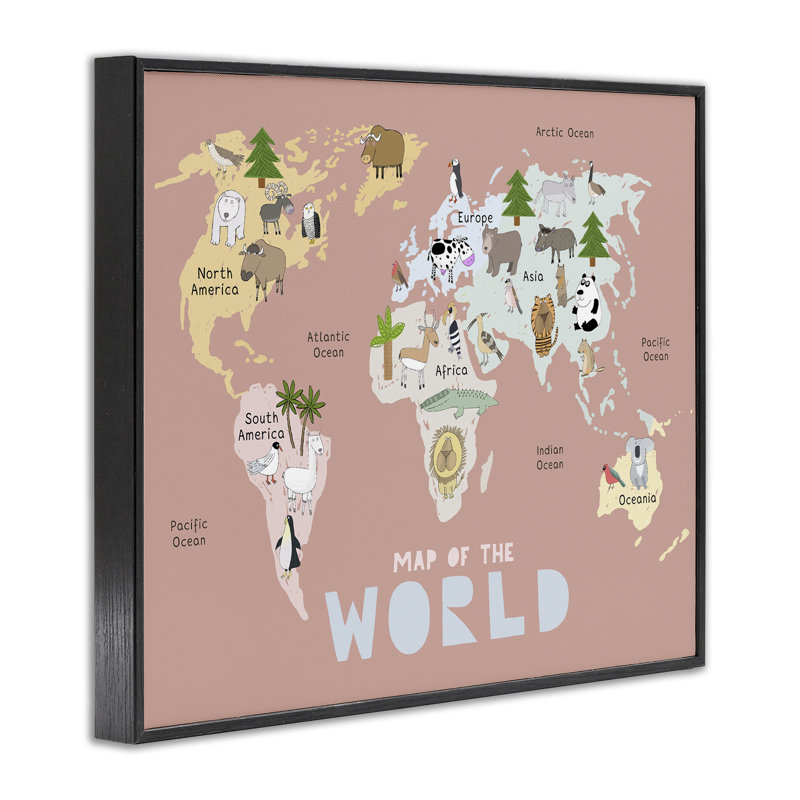 «Kid's Map of World», giclée rose encadrée, par Carla Daly, H 11 po x l 14 po, Giclée encadrée noir minuit