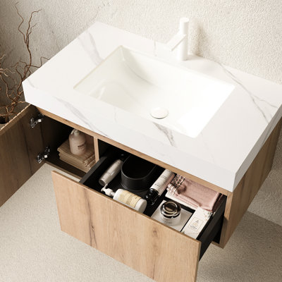 Meuble-lavabo blanc 36 po, rangement en contreplaqué flottant avec tiroir et porte, trou de trop-plein en céramique, meuble-lavabo en chêne haute performance, comptoir en pierre frittée, fabrication robuste