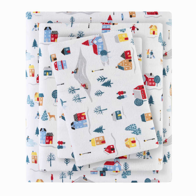 Ensemble de draps imprimés 4 pièces, motif village, blanc, complet, Full / Double Sheet Set with 2 Pillowcases