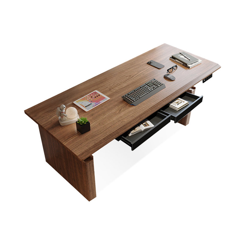 Bureau rectangulaire à 2 tiroirs en bois massif et en acier laminé à froid brun noisette, 49.21" H x 86.61" W x 31.5" D