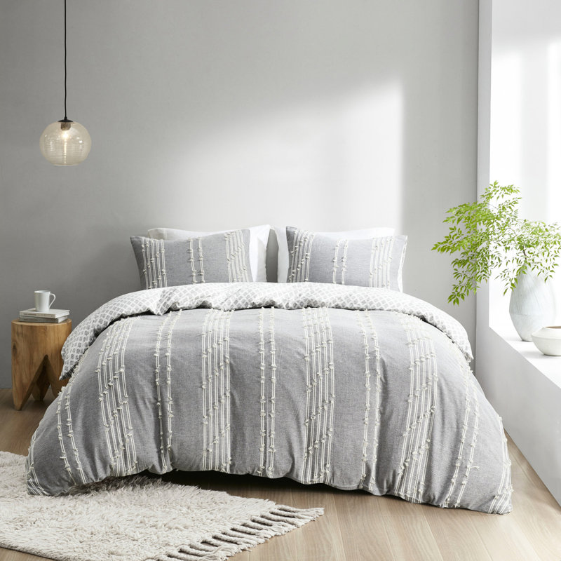 Housse de couette pour lit double / grand lit, coton gris et motifs 3 pièces avec touches