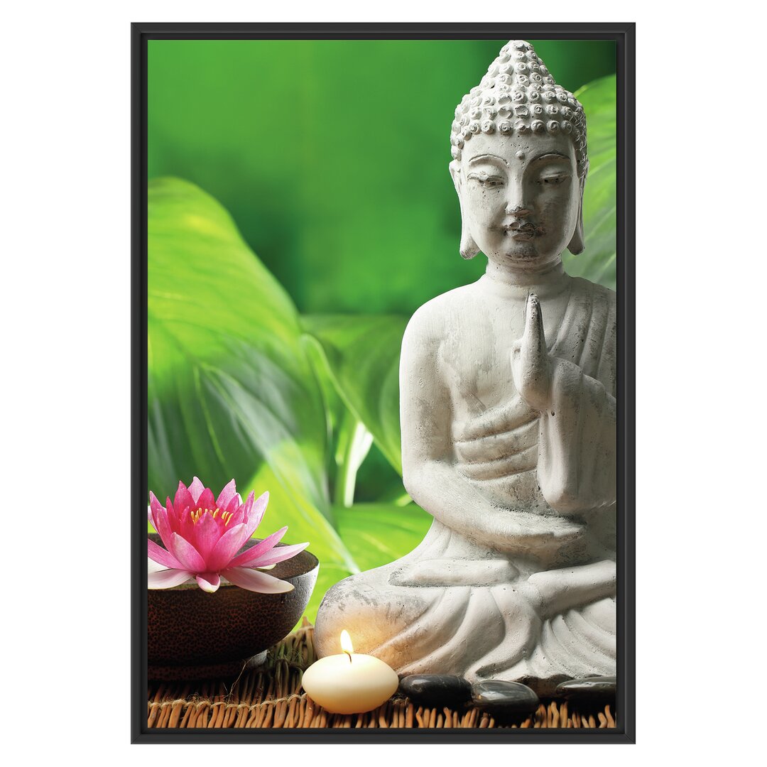 Gerahmtes Wandbild Seerose Buddha Statue