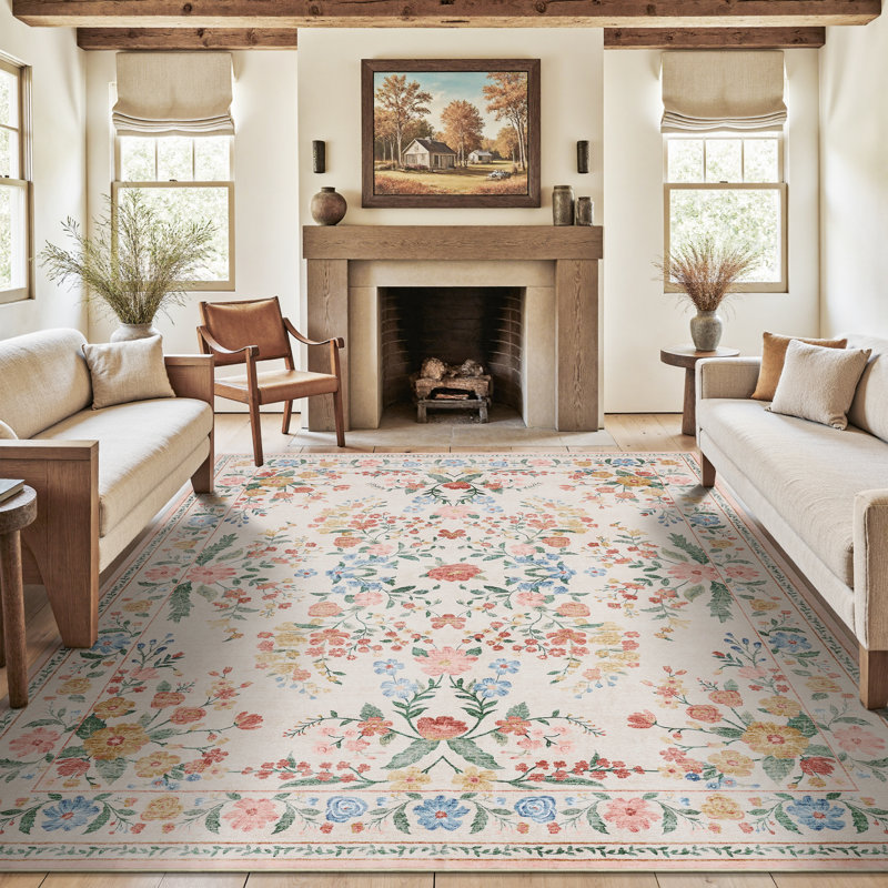 Tapis lavable antidérapant doux à motif floral beige et rosé, Beige, Rectangle 9 pi x 12 pi