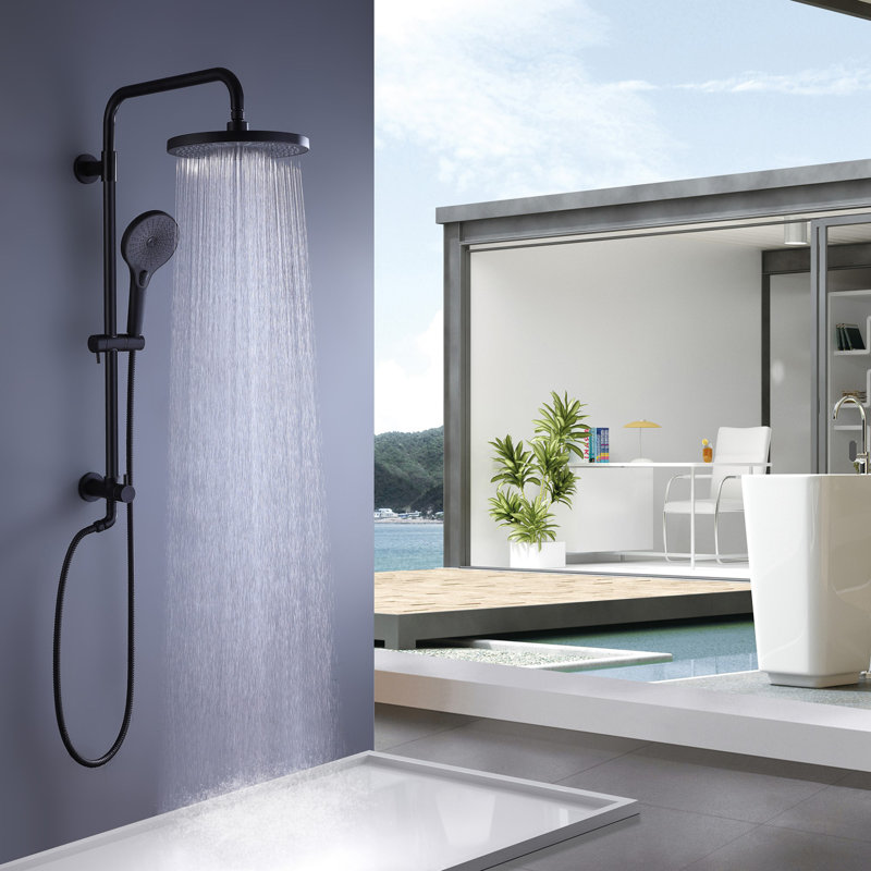 Système de douche noir mat - Ensemble de robinet de douche mural avec pomme de douche à effet pluie 10 ", barre coulissante et douche à main à 3 fonctions