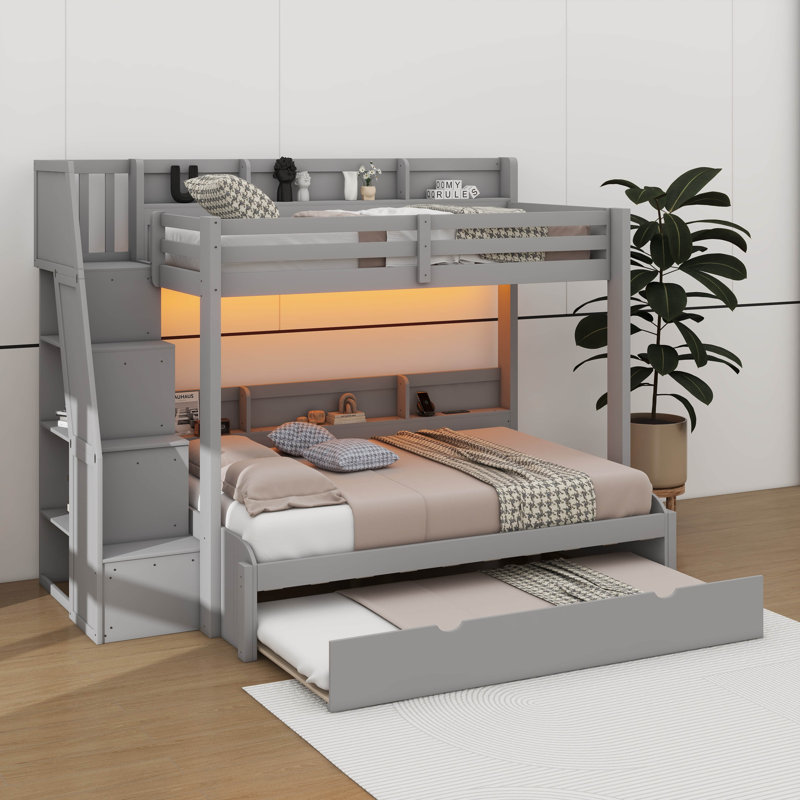 Twin Over Full Bunk Bed With Trundle Bed & Storage Steps, Full-Length Safety Rails, Built-In Storage & USB Charging Ports