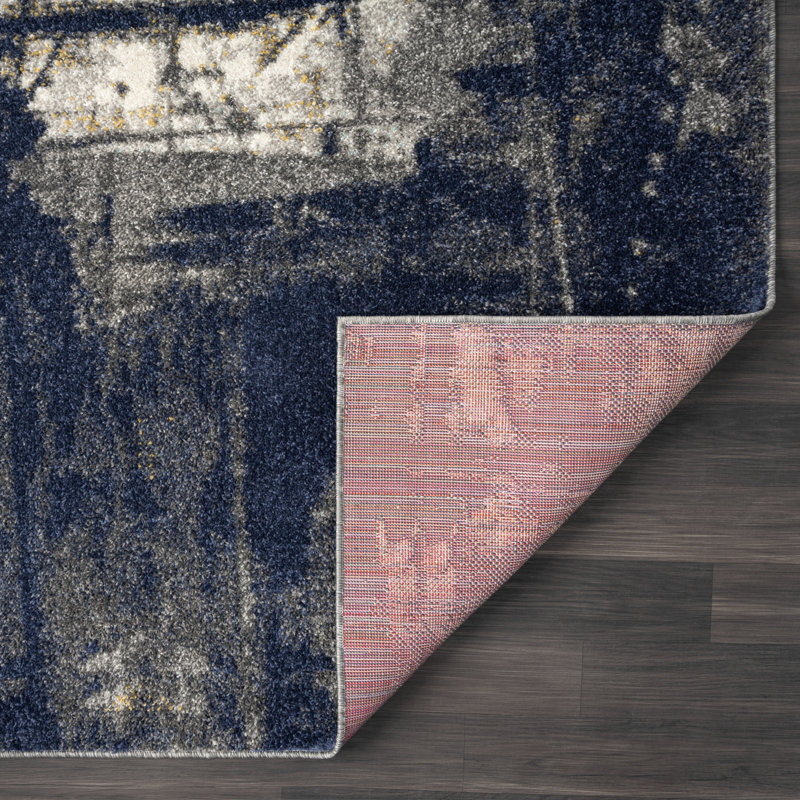 Tapis abstrait bleu marine / blanc / gris Haughay, Rectangle 11 pi 10 po x 14 pi 10 po