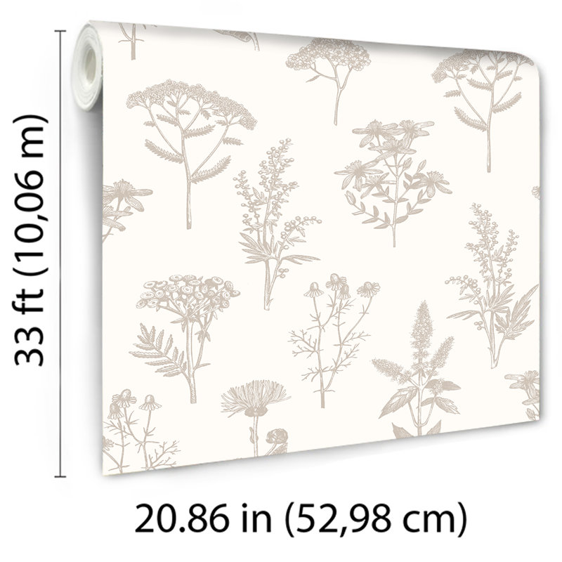 Papier peint argenté lumineux avec croquis botaniques, Argent