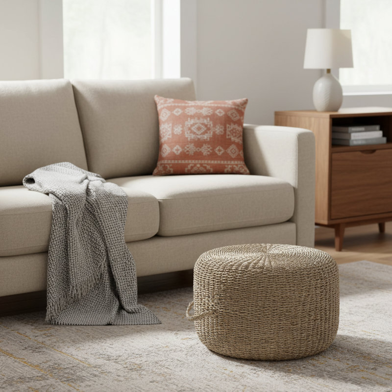 Chula 18" Round Natural Seagrass Pouf Ottoman – Handwoven Artisan Footrest with Handle, Boho Accent Seat for Living Room, Bedroom & Nursery