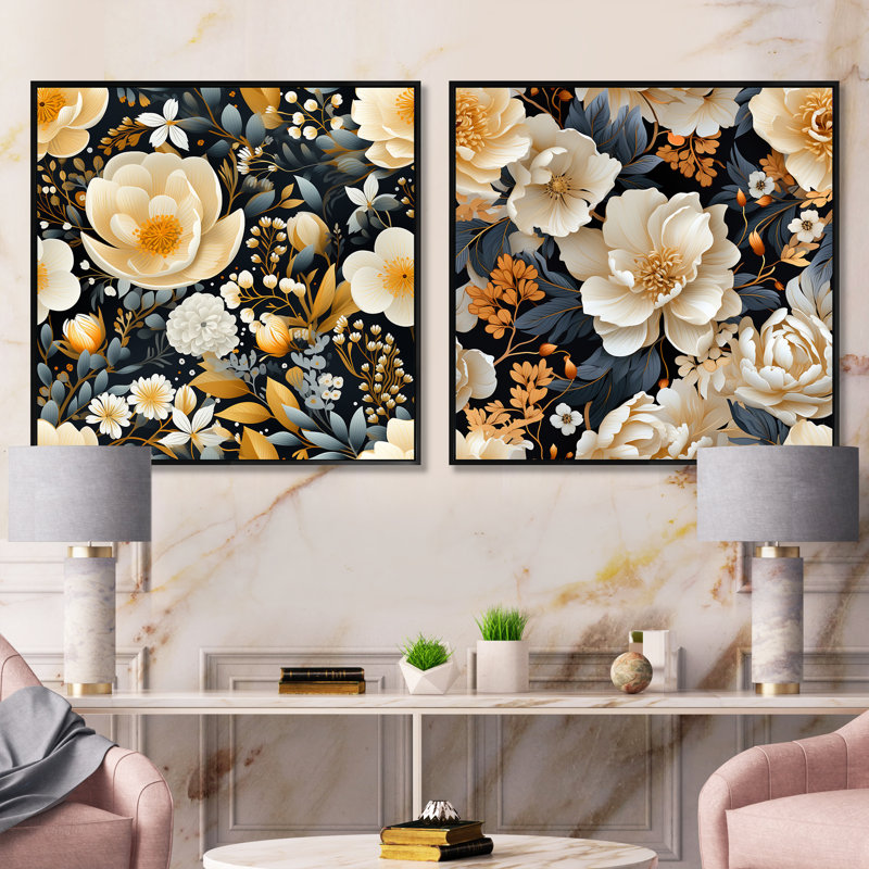 Magnifique Magnolia Blooms IV - ensemble de 2 collages floraux carrés, Cadre flottant noir, H 36 po x l 73 po