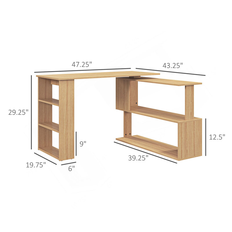Bureau d'angle en L, bureau à domicile rotatif à 360 degrés avec tablettes de rangement, poste de travail de table d'écriture, érable