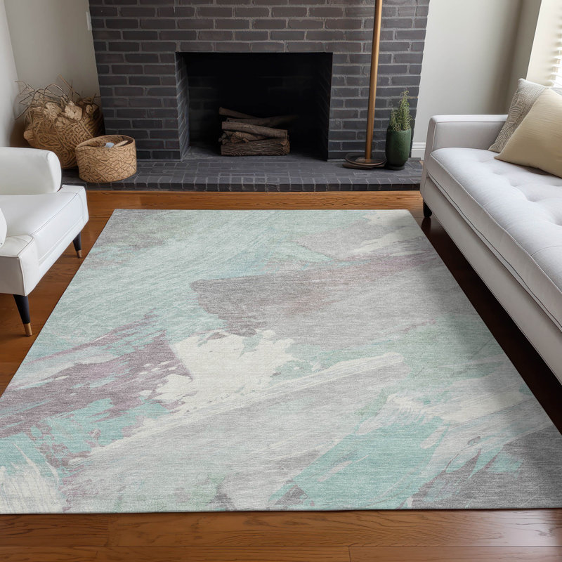 Machine Washable Indoor/Outdoor Claudian ACN1515 Seafoam Rug, Rectangle 3' x 5'