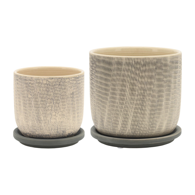 Lorice Stoneware and Ceramic Saucer Planters - Durable, Stylish Design - Set of 2, 6" H x 6" W x 6" D, 2, Mesh Gray