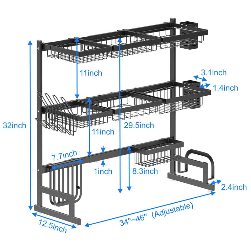 Séchoir à vaisselle à 3 niveaux réglable en acier inoxydable pour optimiser le rangement et l'organisation de la cuisine (34 po à 46 po)