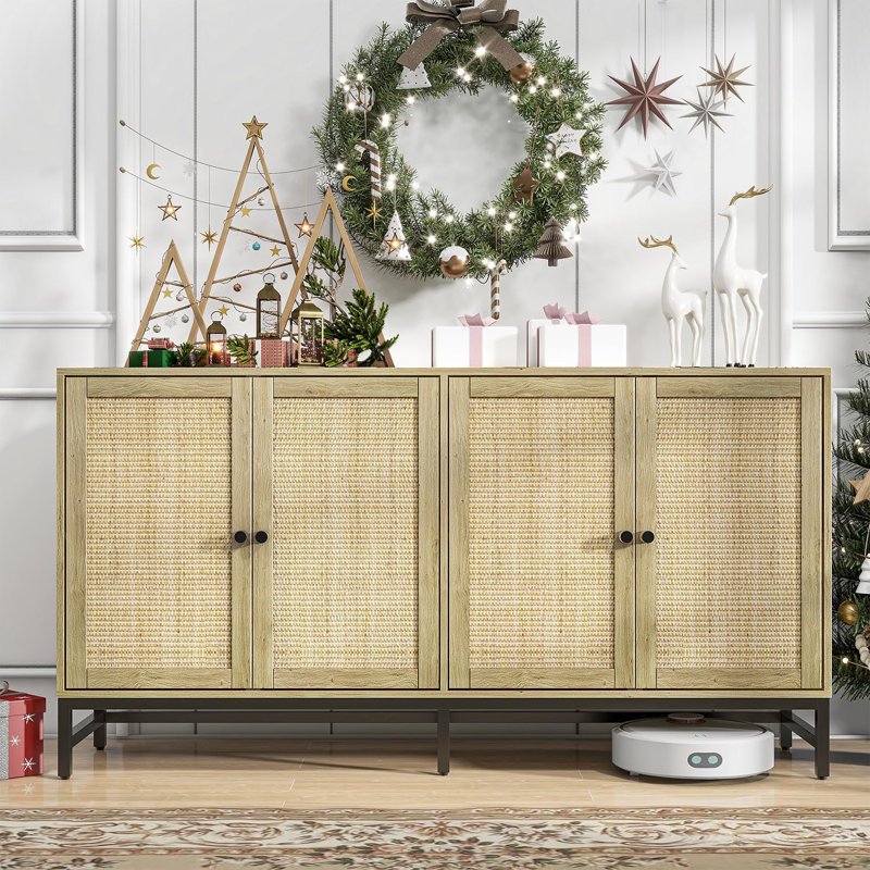 Buffet 59 po en rotin 59 po avec 4 portes Naturel, Naturel, 31,5 po H x 59 po L x 15,7 po P