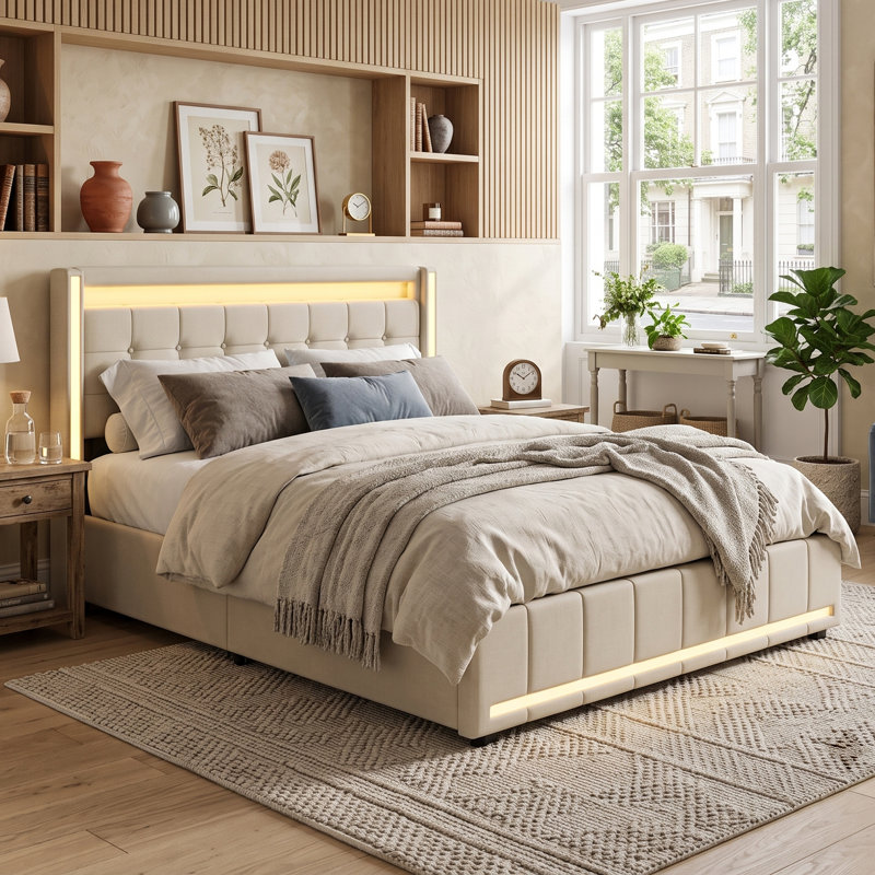 UK&EU Size Smart Linen Bed Frame with App-Controlled LED Lights, Upholstered Storage Bed with 4 Drawers & USB Charging Station, Grey & Beige
