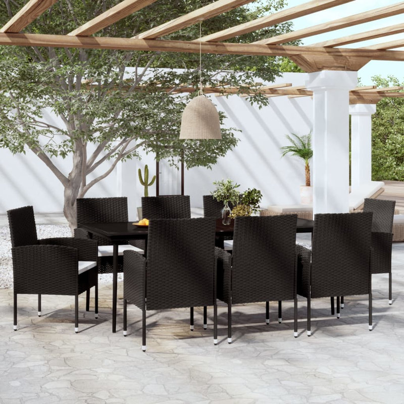 Wicker Patio Dining Set with Rectangular Table, 29.1" H x 78.7" L x 39.4" W, 8, Black/White