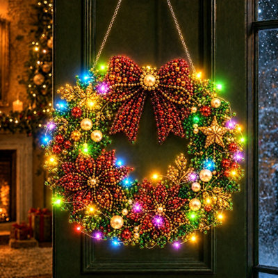 Christmas Decor DIY Christmas Wreath diamond art crafts kit With LED Lights Pearl Rhinestone Art Pendant Ornament For Wall Decor Gift