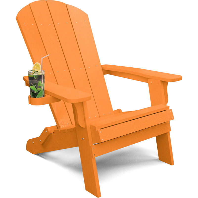 Outdoor Folding Adirondack Chair HIPS Oversized Plastic Adirondack Chair All Weather Patio Chair with Cup Holder Fire Pit Chair, Orange