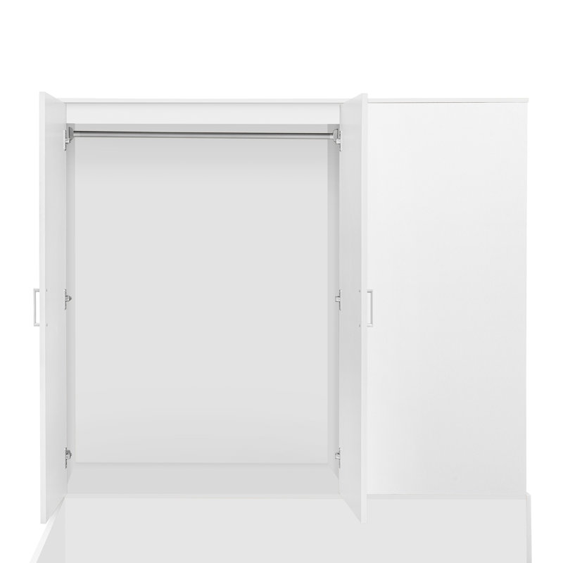 Lit double en bois blanc avec garde-robe et bureau de rangement à 6 tiroirs, Blanc