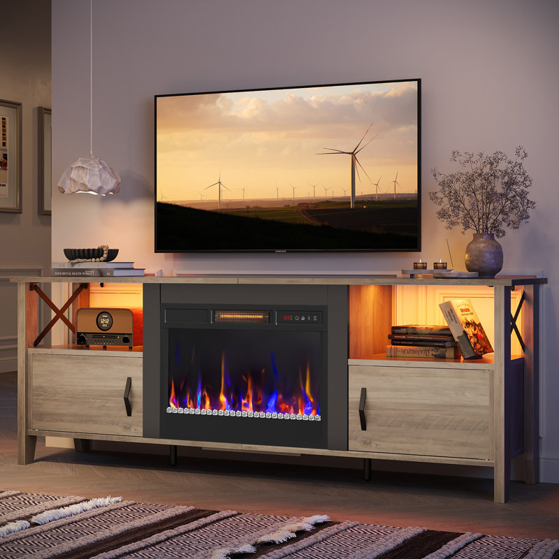 Brahma 63" Fireplace TV Stand for TVs to 70" with Remote Control 23" Electric Fireplace Heater, LED Lighting, Timer, Over Heat Protection