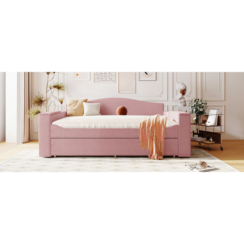 Lit de jour moderne rembourré avec rangement et système, molleton rose, gigogne avec accoudoirs Space Design, appareil audio