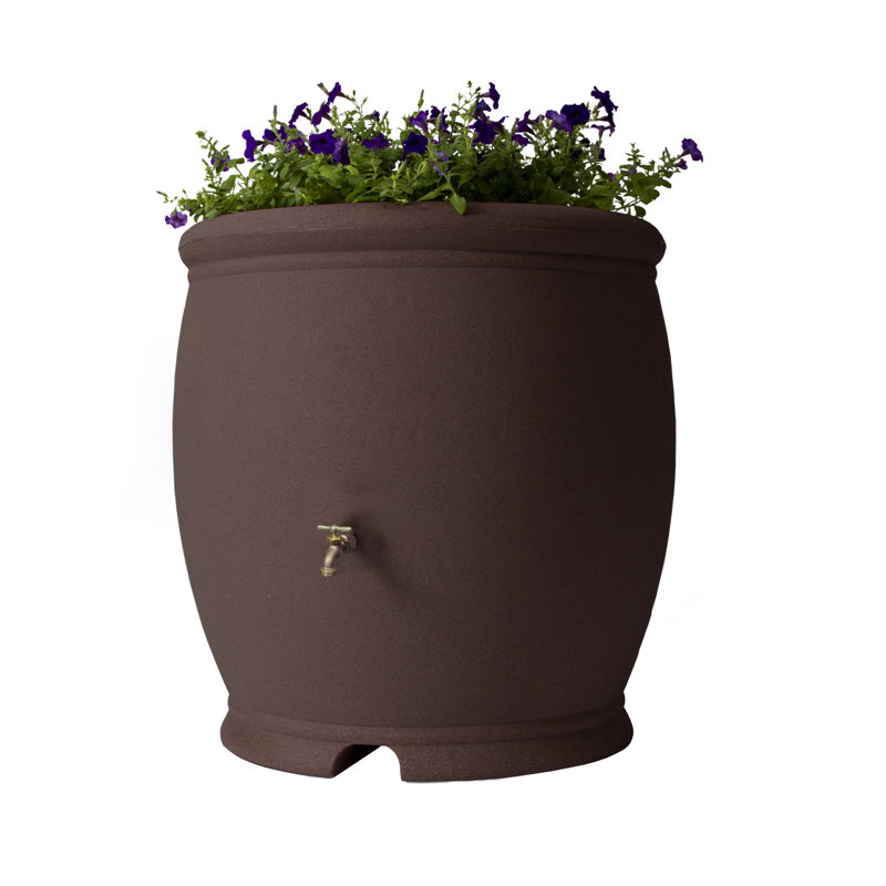 Baril de pluie en plastique décoratif 100 gallons avec plateau à fleurs, Pierre brune