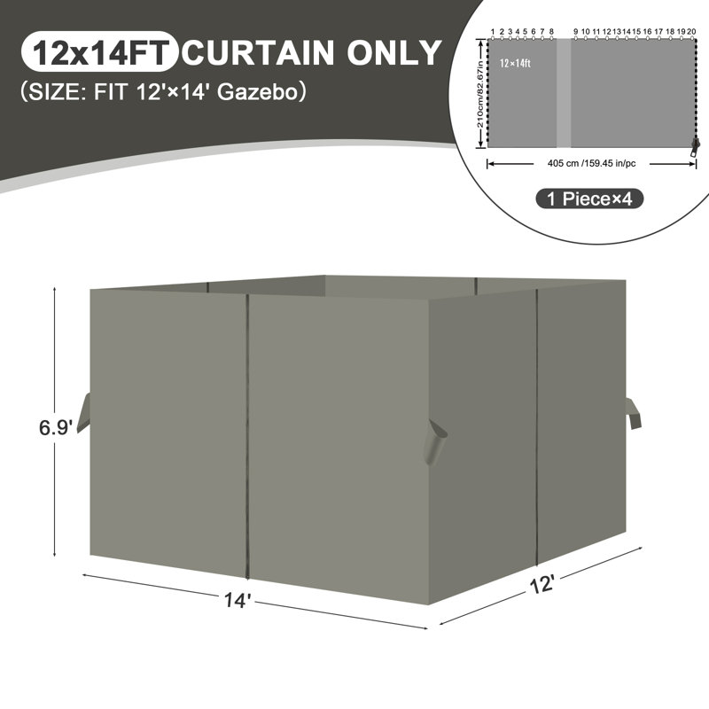 Aoodor Replacement 4-Panel Gazebo Sidewall Curtains, Gray, 82.7" H x 144" W x 168" D