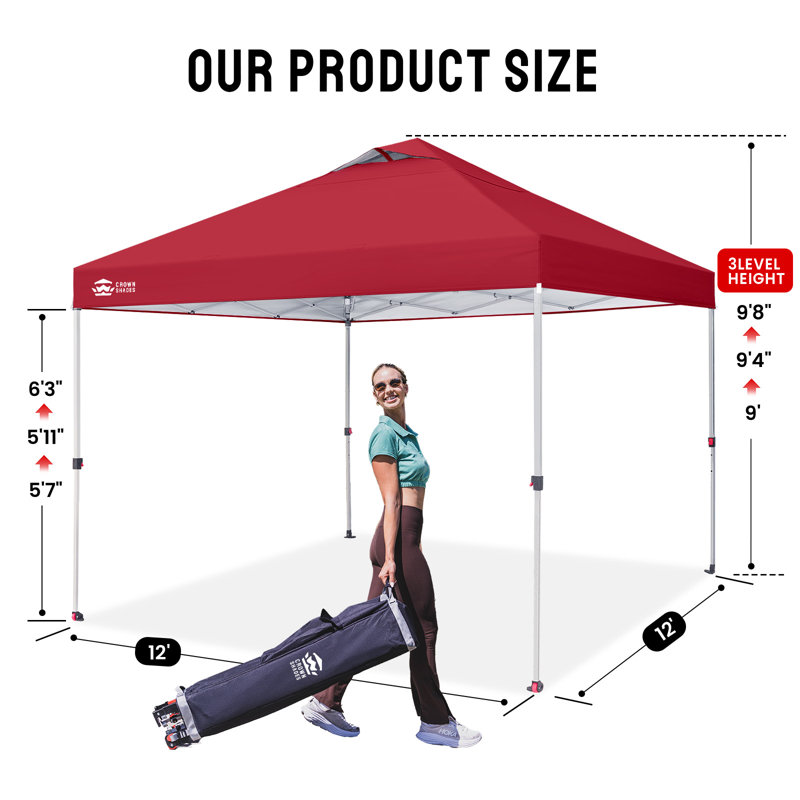 CROWN SHADES 12 Ft. W x 12 Ft. D Commercial Metal Pop-Up Canopy with One Push Setup, Red, Red