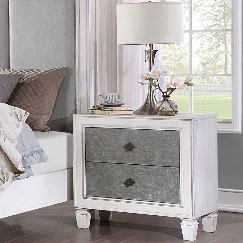 Table de chevet pour chambre à coucher - 2 tiroirs, glissière pleine extension, tiroirs blanc antique et fini gris uni