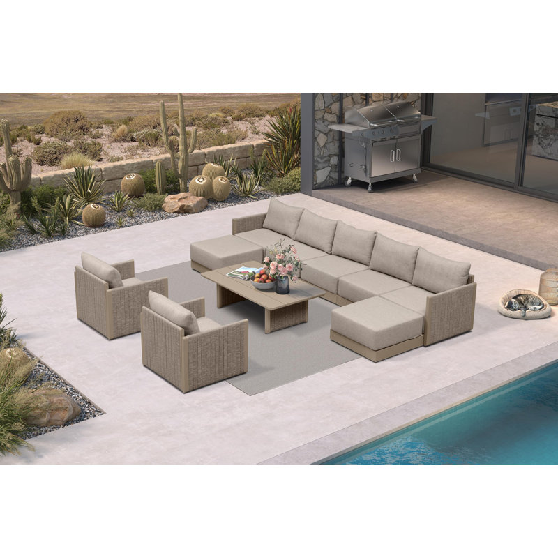 Ensemble de meubles de patio 10 pièces avec canapé et repose-pieds Canapé modulaire d'extérieur en aluminium avec coussins et table de conversation en aluminium beige