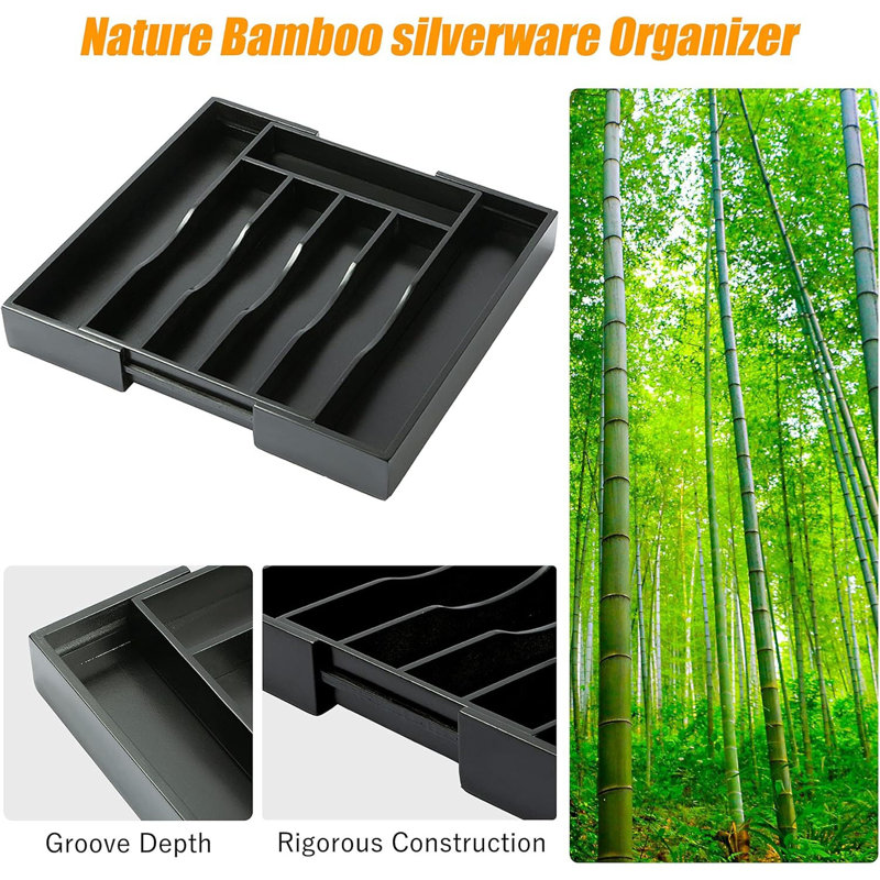 7 Slots-2PC Expandable Bamboo Silverware Organizer – Premium Utensil Drawer Tray With Grooved Slots For Flatware & Kitchen Tools – Versatile Cutlery Holder – Ideal Day Gift