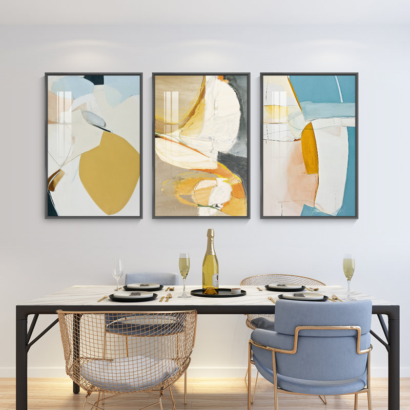 Abstrait aluminium encadré, ensemble de 3 reproductions d'art encadrées sur toile 2, H 24,3 po x l 48,3 po x P 1,65 po, Or