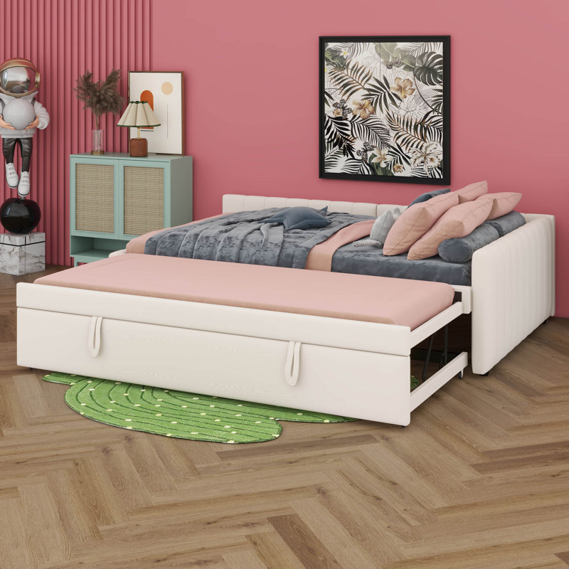 Lit de jour pleine grandeur avec lit gigogne escamotable simple, lit de jour rembourré en L, structure de canapé d'angle pour enfants, adolescents, adultes