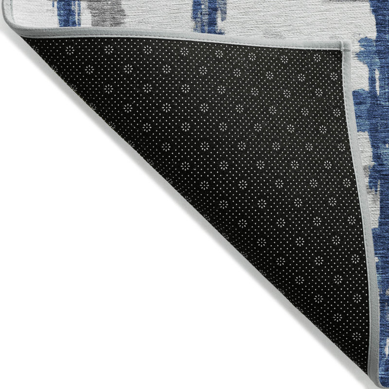 3' X 5' Navy Blue Gray And Silver Striped Washable Indoor Outdoor Area Rug