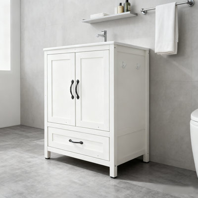 Meuble-lavabo sur pied autoportant, armoire de rangement blanche avec tablettes réglables, double porte et tiroir