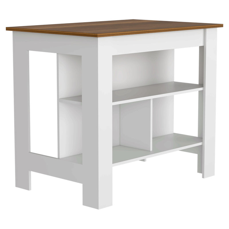 Kitchen Island, Four Legs, Three Shelves  -White / Walnut