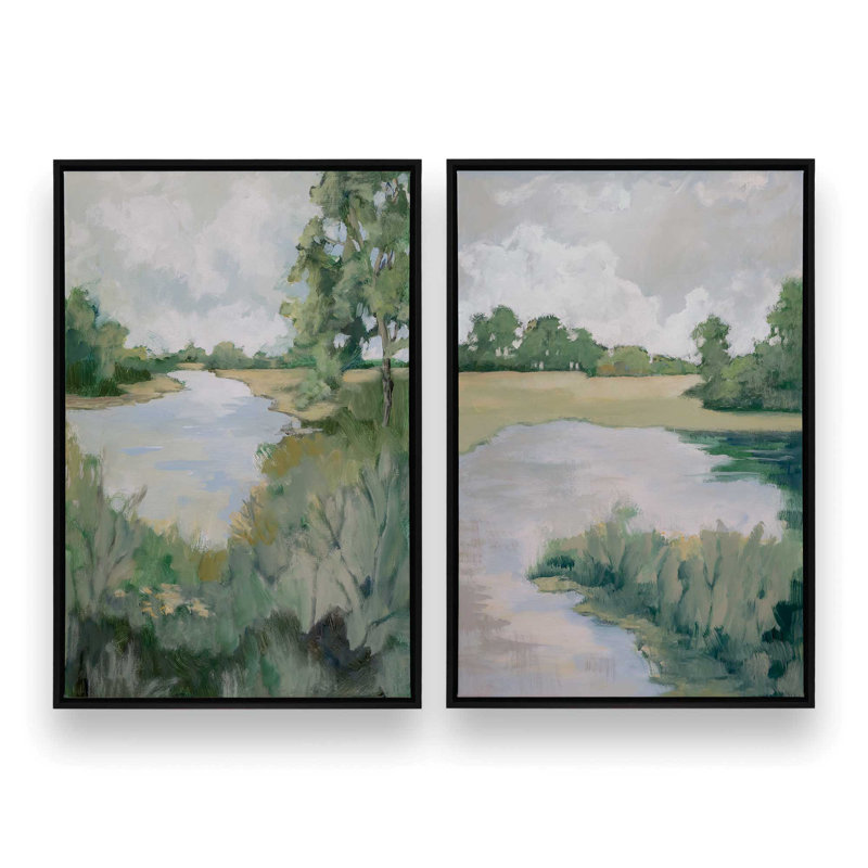 Ensemble de 2 impressions Peaceful Riverside View, H 37,5 po x l 51 po x P 1,75 po, Cadre flottant blanc opaque