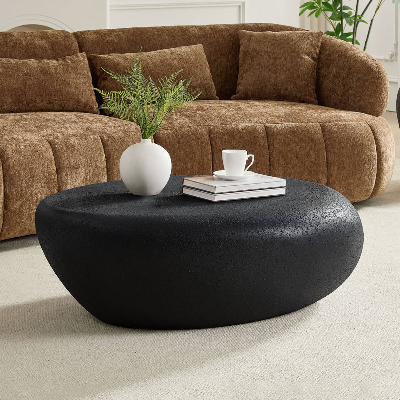  Irregular Oval Coffee Table Faux Stone Table, 14.17" H x 43.3" L x 32.67" W, Black