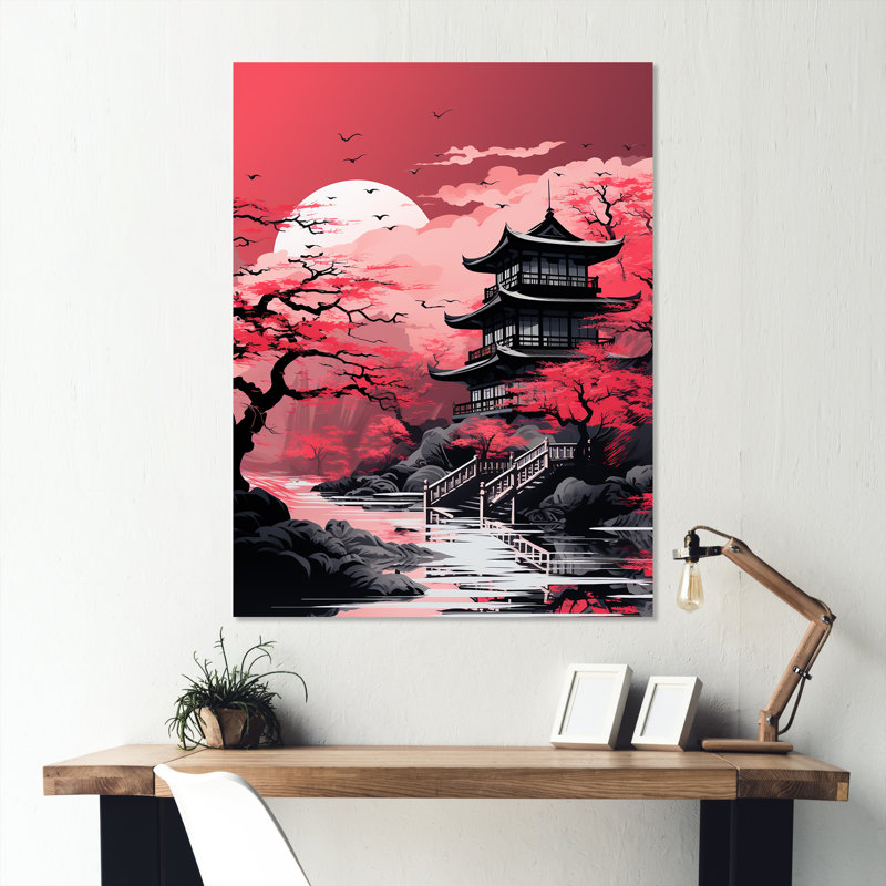 Rose, temple antique de Nippon au Japon - Japon, art mural en métal, H 20 po x l 12 po x P 1 po