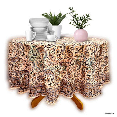 Block Print Floral Cotton Round Tablecloth