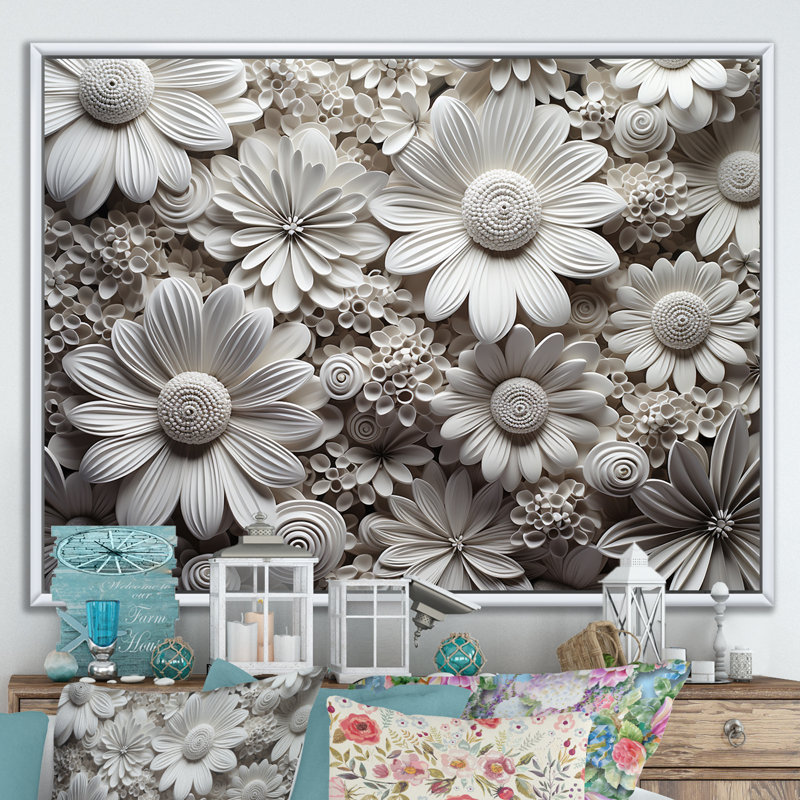 Collage de fleurs saisonnières noir et blanc, Cadre flottant blanc, H 24 po x l 32 po x P 1 po