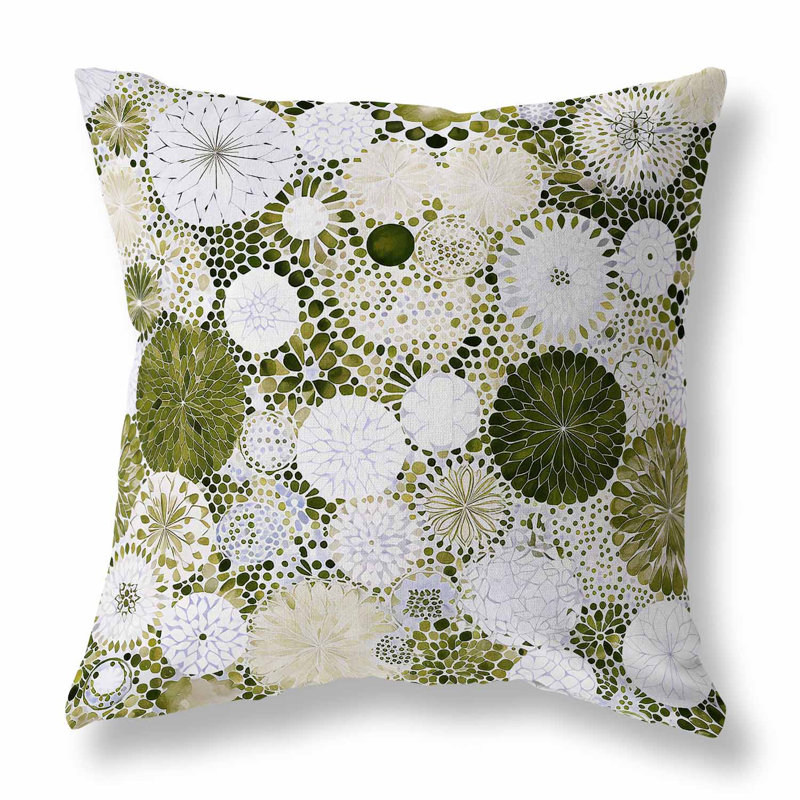 Green and Cream Floral Geometric Faux Suede Throw Pillow