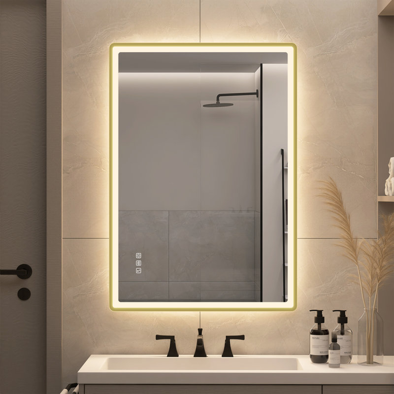 Anti-Fog Rectangular LED Bathroom Mirror, Frameless Gold Spray Edge, Touch Control Mirror, 70cm x 100cm