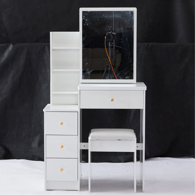 Petite coiffeuse 29,2 po avec tabouret de chevet gauche + tabouret rembourré, très grand miroir coulissant à droite, rangement multi-couches à grande capacité, commode pratique et pratique, convient aux petits espaces