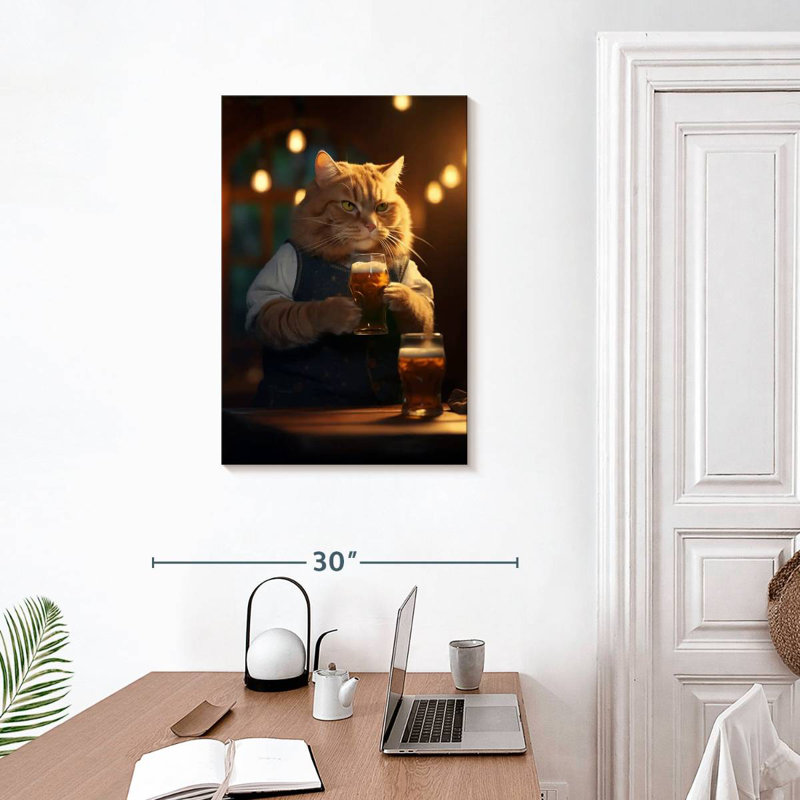 Brampt Orange Tabby Cat Drinking Beer, 30" H x 20" W